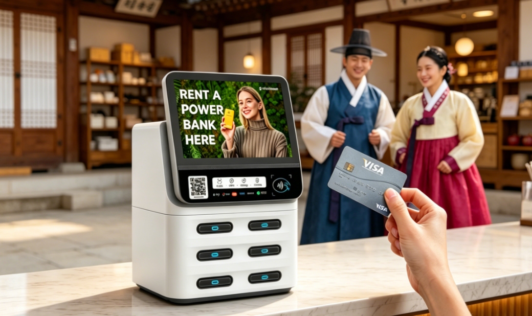 Korea POS Shared Power Bank Usage Scenario, deployed in resorts, shopping areas, generating profit